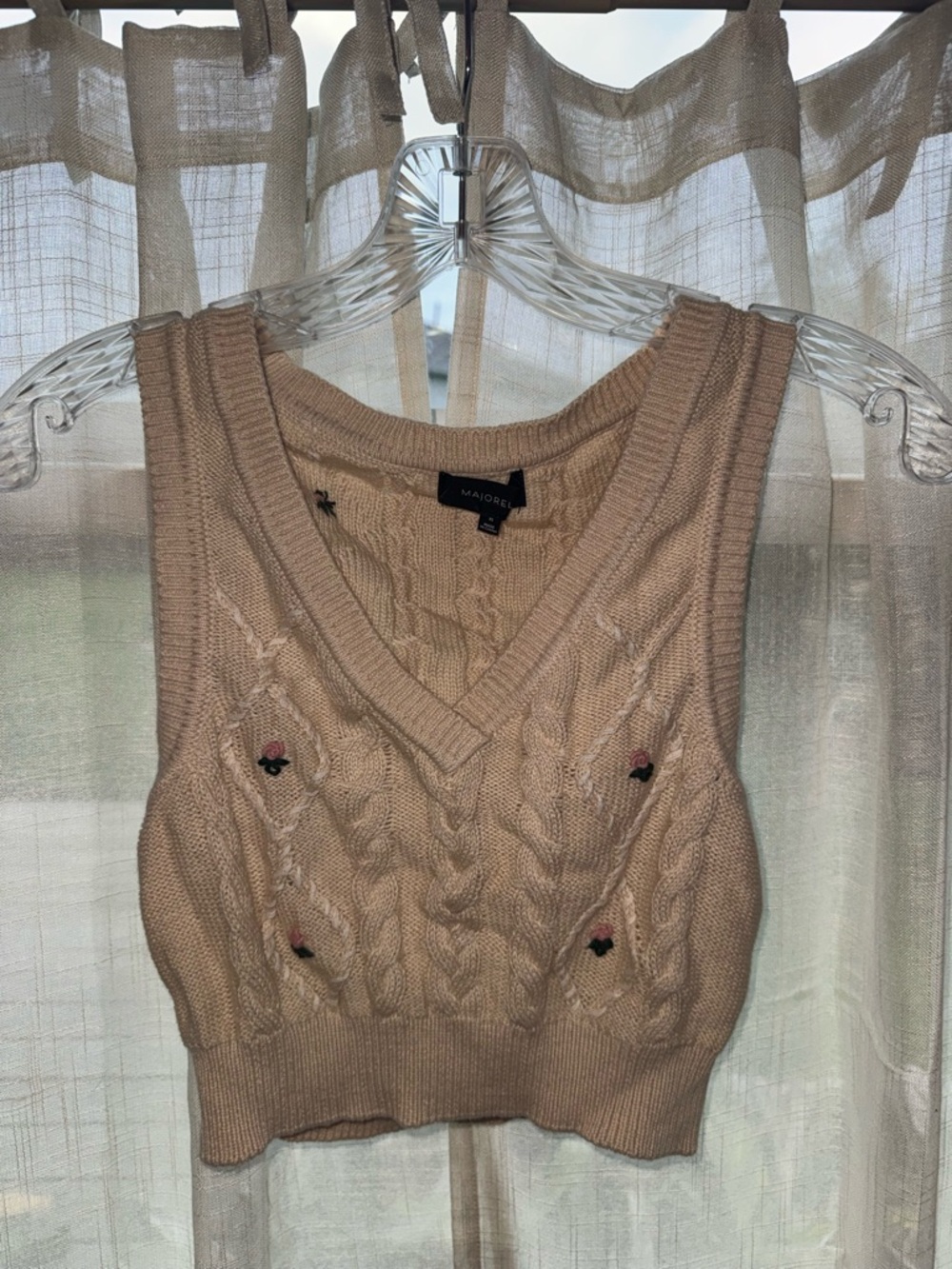 MAJORELLE Beige Cable Knit Tank with Floral Embroidery